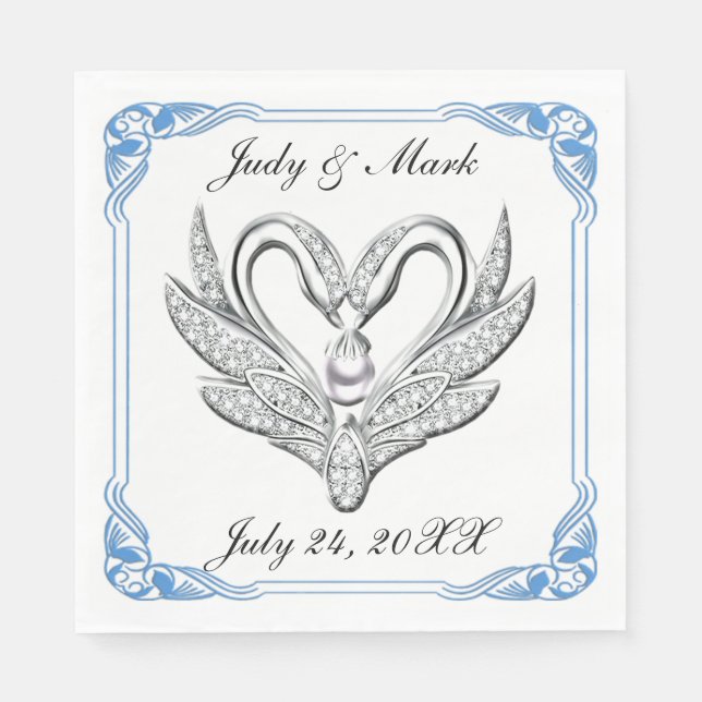 Serviette En Papier Bleu Ruban Swans en argent Papier Napkins (Devant)