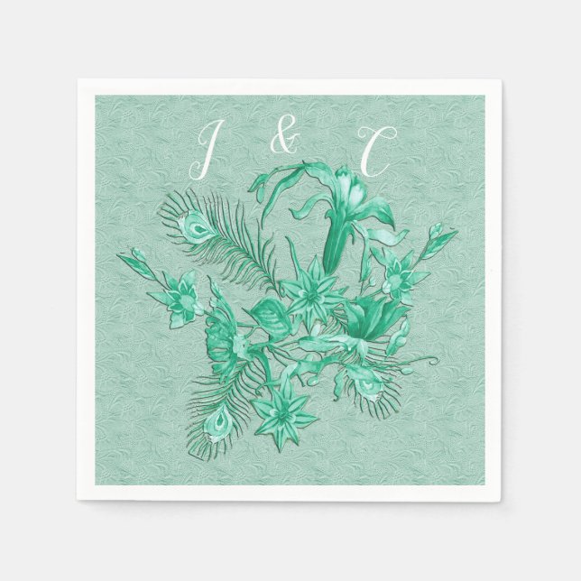 Serviette En Papier Bleu sarcelle - Fond texturé vert avec des fleurs (Devant)