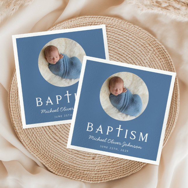 Serviette En Papier Bleu Script Croix Baptême Photo (Blue Script Religious Cross Baptism Photo Napkins)