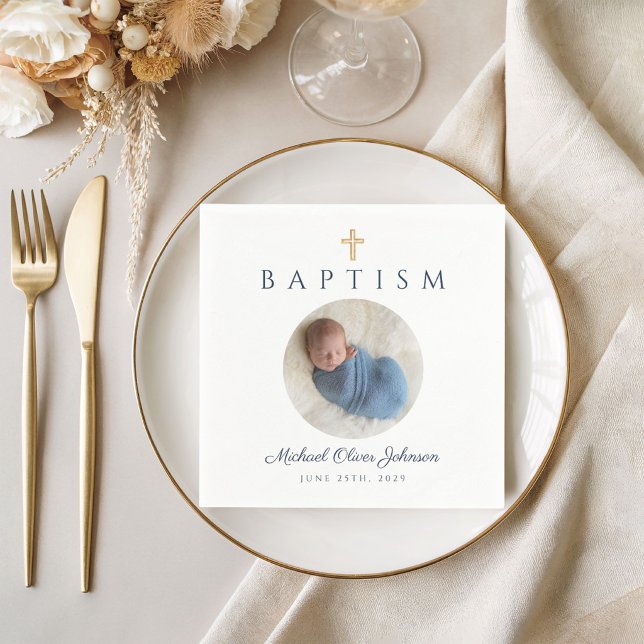 Serviette En Papier Bleu Script Religieux Croix Baptême garçon Photo (Blue Script Religious Cross Boy Baptism Photo Napkins
)