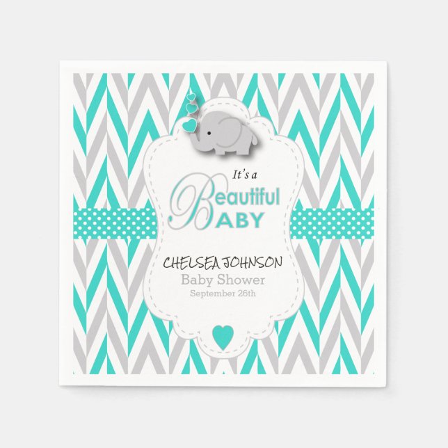 Serviette En Papier Bleu Turquoise, Baby shower d'éléphant gris blanc (Devant)