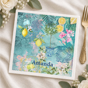 Serviette En Papier Bleu Turquoise Floral Citron Sicilien Chic