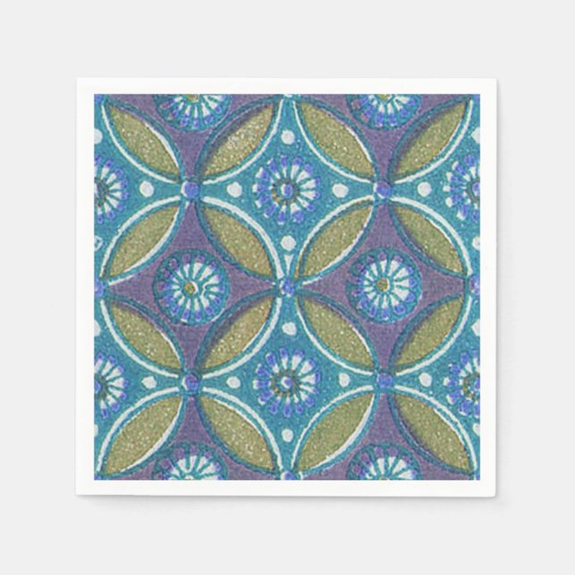 Serviette En Papier Bleu vert Rustique Boho Motif circulaire géométriq (Devant)