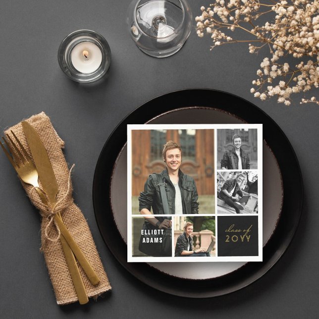 Serviette En Papier Blocs Carrés simples 4 Photos Fête de graduation M (Simple Minimalist Square Blocks 4 Photo Collage Modern Graduation Party Paper Napkins by fatfatin)