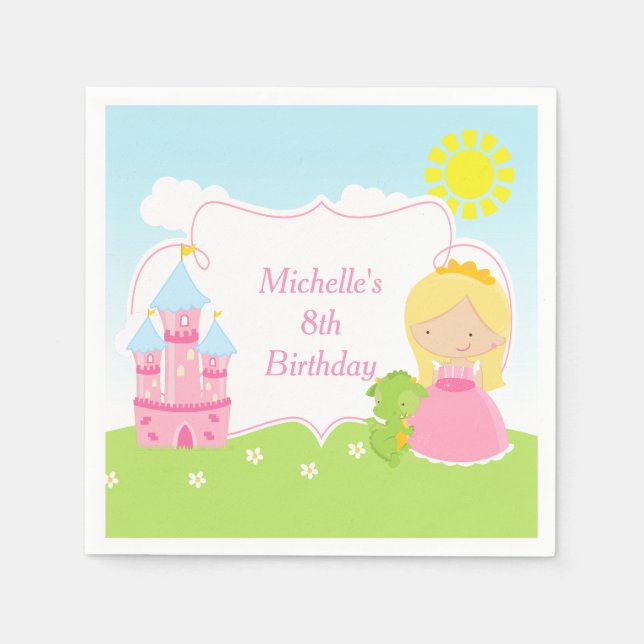 Serviette En Papier Blonde Cute Princess et Dragon Anniversaire (Devant)