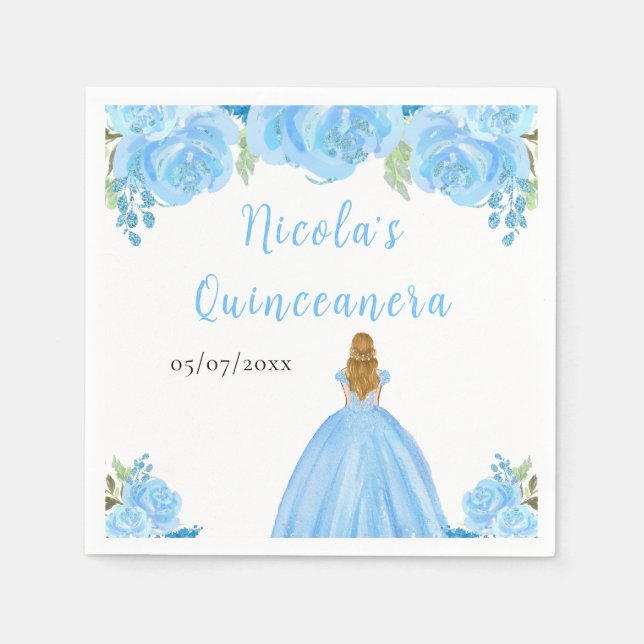 Serviette En Papier Blonde Hair Princess Blue Floral Quinceanera (Devant)