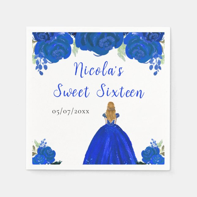 Serviette En Papier Blonde Hair Princess Blue Floral Sweet sixteen (Devant)