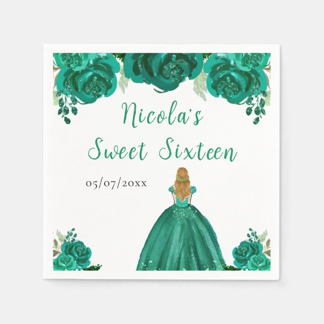 Serviette En Papier Blonde Hair Princess Green Floral Sweet Sixteen  (Devant)