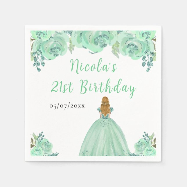 Serviette En Papier Blonde Hair Princess Mint Floral Birthday Party (Devant)