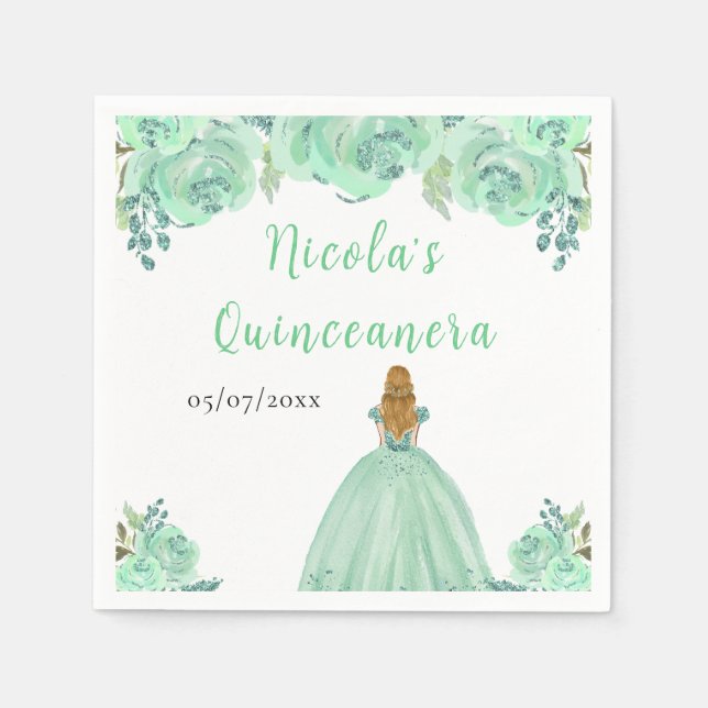 Serviette En Papier Blonde Hair Princess Mint Floral Quinceanera (Devant)