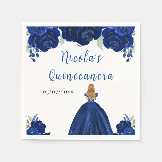 Serviette En Papier Blonde Hair Princess Navy Floral Quinceanera (Devant)