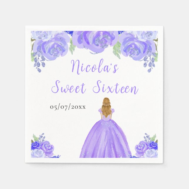 Serviette En Papier Blonde Hair Princess Purple Floral Sweet Sixteen  (Devant)