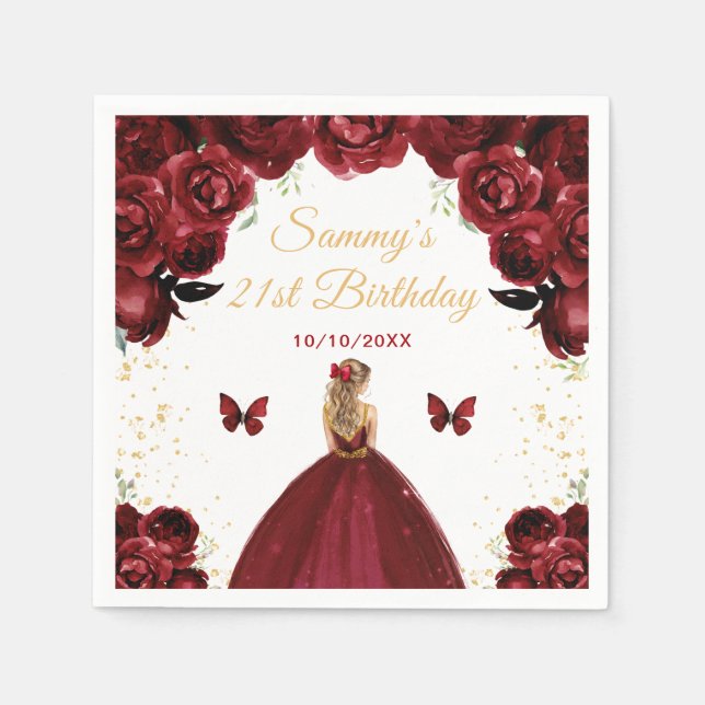 Serviette En Papier Blonde Rouge foncé Cheveux Princesse Anniversaire (Devant)