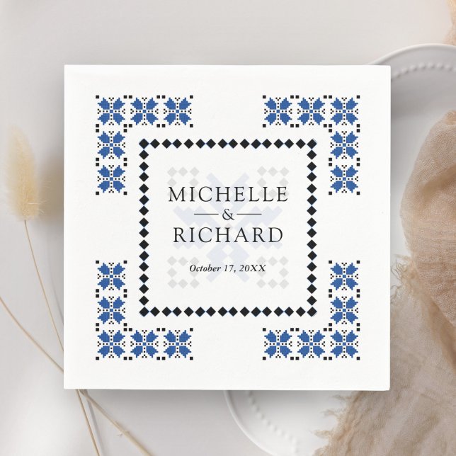 Serviette En Papier Blue and Black Ukrainian Embroidery Wedding (Créateur téléchargé)