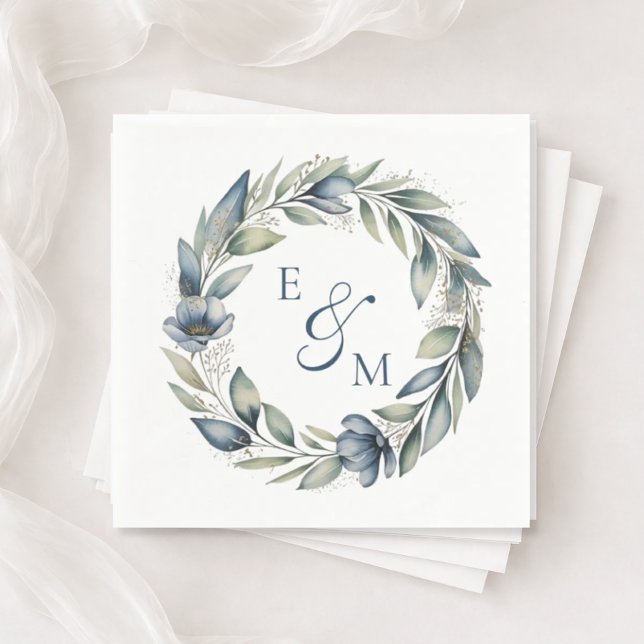 Serviette En Papier Blue and Sage Floral Wreath Wedding Napkin (Créateur téléchargé)