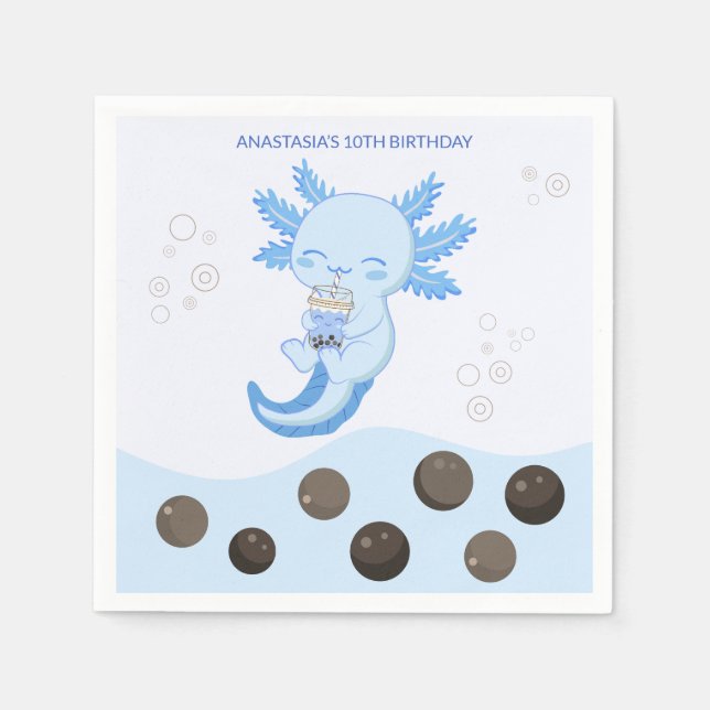 Serviette En Papier Blue Axolotl Bubble Lait Boba Thé Anniversaire (Devant)
