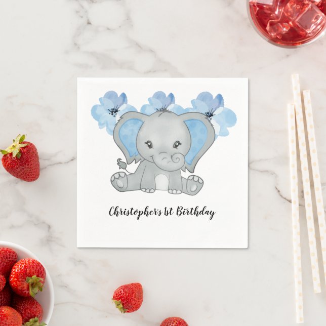 Serviette En Papier Blue Baby Boy Elephant Fleurs Anniversaire (En situation)