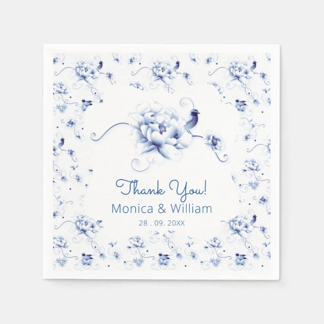 Serviette En Papier Blue Bird Rose Chinoiserie Floral (Devant)