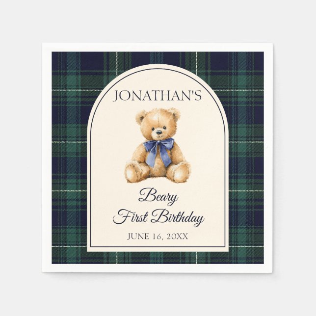 Serviette En Papier Blue Bow Preppy Teddy Bear 1st Birthday (Devant)