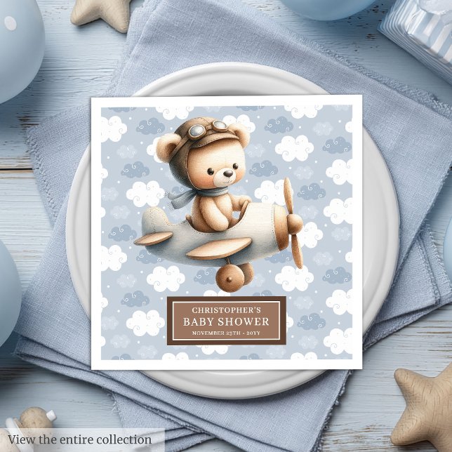 Serviette En Papier Blue Brown Teddy Bear Pilote de serviettes pour bé (Blue Brown Teddy Bear Pilot Napkins for Baby Boys)