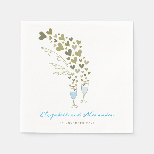 Serviette En Papier Blue Champagne Cheers Gold Hearts Mariage (Devant)