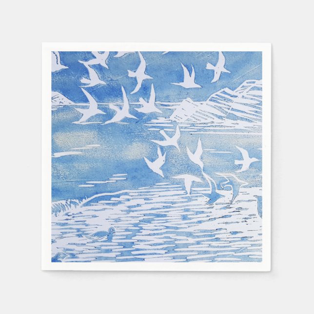 Serviette En Papier Blue Coast Birds Moderne Aquarelle Art (Devant)