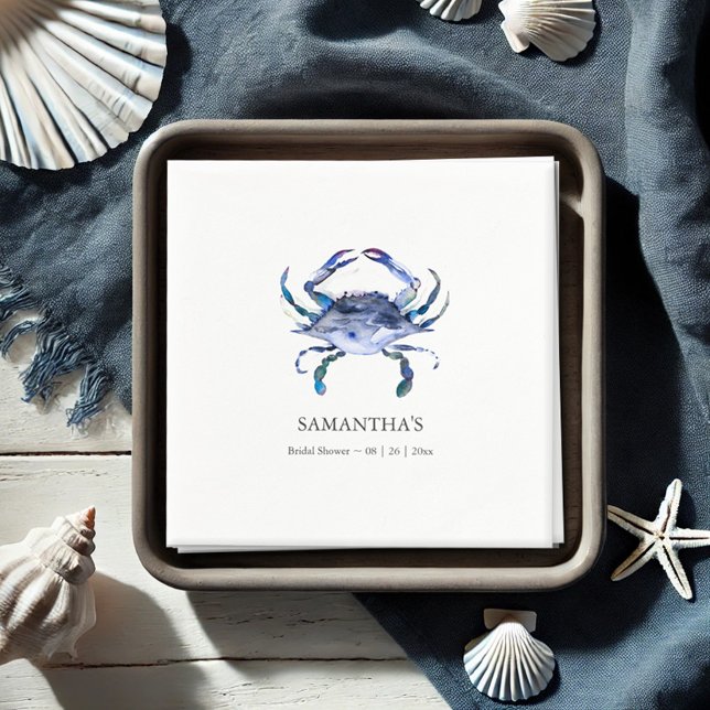 Serviette En Papier Blue Crab Beach Fête des mariées personnalisée (Bridal shower napkins watercolor blue crab art by Victoria Grigaliunas Do Tell A Belle)