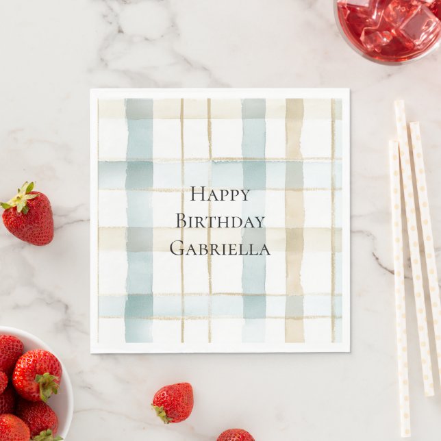 Serviette En Papier Blue Cream White Plaid Stripes Birthday (En situation)