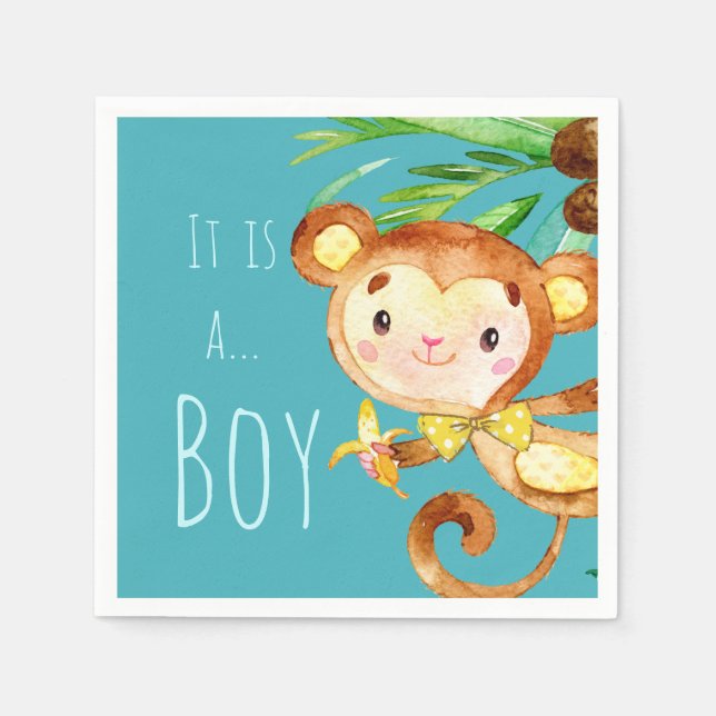 Serviette En Papier Blue Cute Monkey Baby Boy Faire-part (Devant)