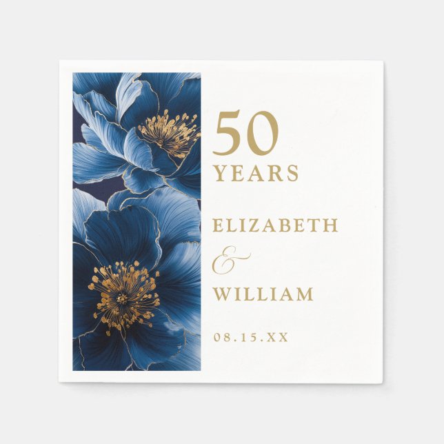 Serviette En Papier Blue Elegant Floral moderne 50e Anniversaire (Devant)