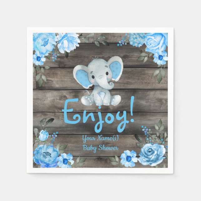 Serviette En Papier Blue Elephant Baby shower invitation, garçon rusti (Devant)
