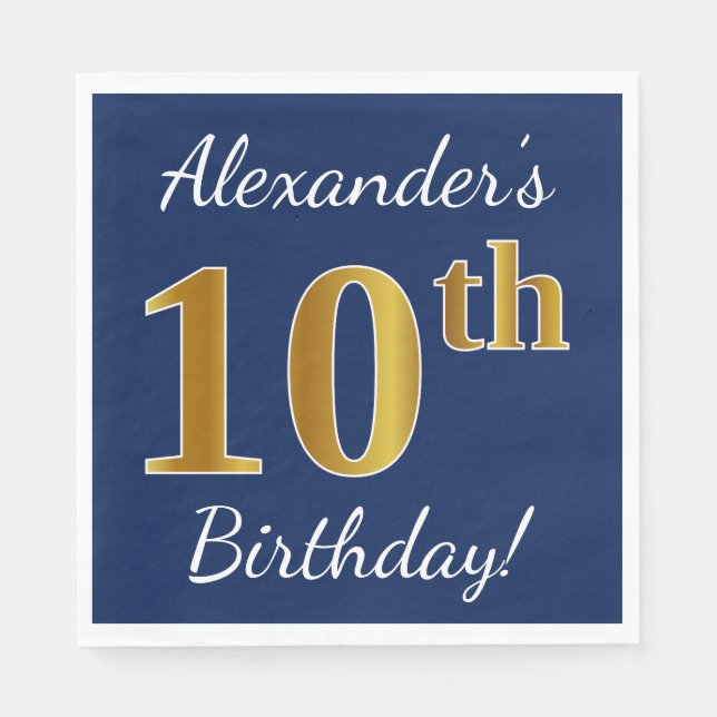 Serviette En Papier Blue, Faux Gold 10e anniversaire + Nom personnalis (Devant)