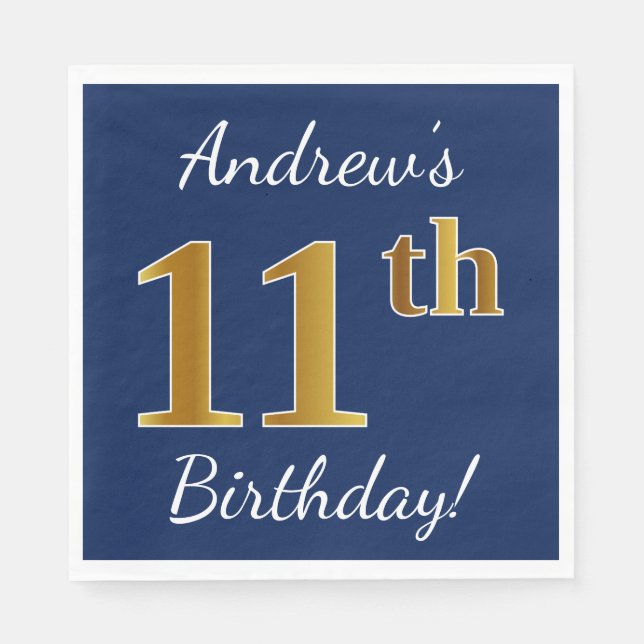 Serviette En Papier Blue, Faux Gold 11e anniversaire + Nom personnalis (Devant)