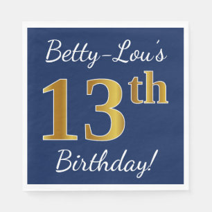 Serviette En Papier Blue, Faux Gold 13e anniversaire + Nom personnalis