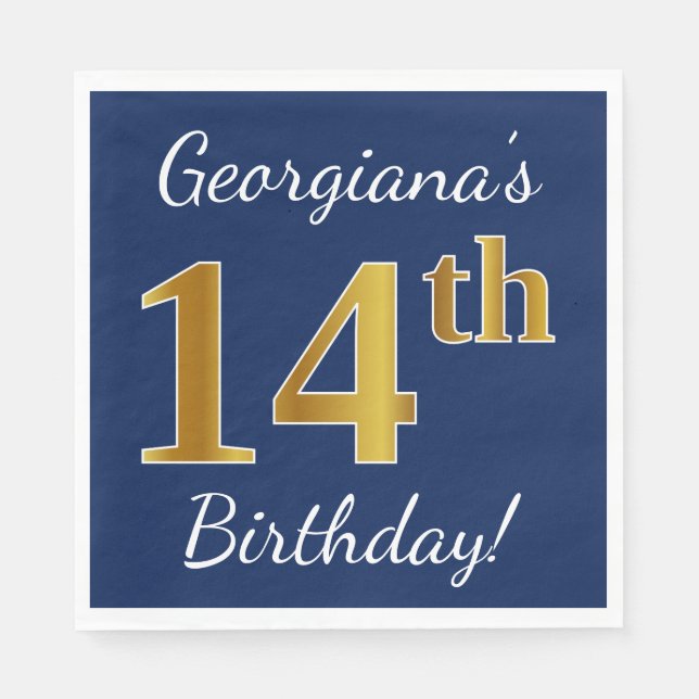 Serviette En Papier Blue, Faux Gold 14e anniversaire + Nom personnalis (Devant)