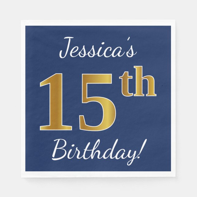 Serviette En Papier Blue, Faux Gold 15e anniversaire + Nom personnalis (Devant)