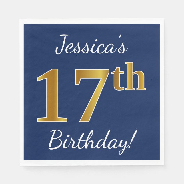 Serviette En Papier Blue, Faux Gold 17e anniversaire + Nom personnalis (Devant)