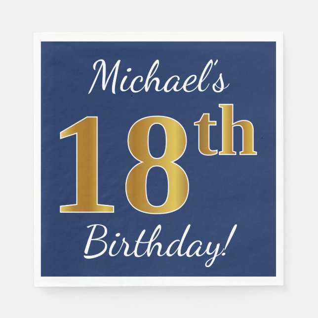 Serviette En Papier Blue, Faux Gold 18e anniversaire + Nom personnalis (Devant)