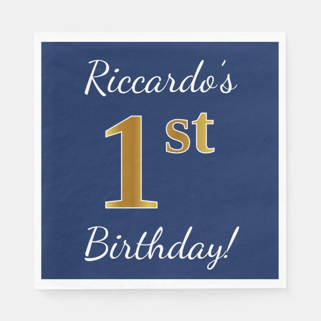 Serviette En Papier Blue, Faux Gold 1er anniversaire + Nom personnalis (Devant)