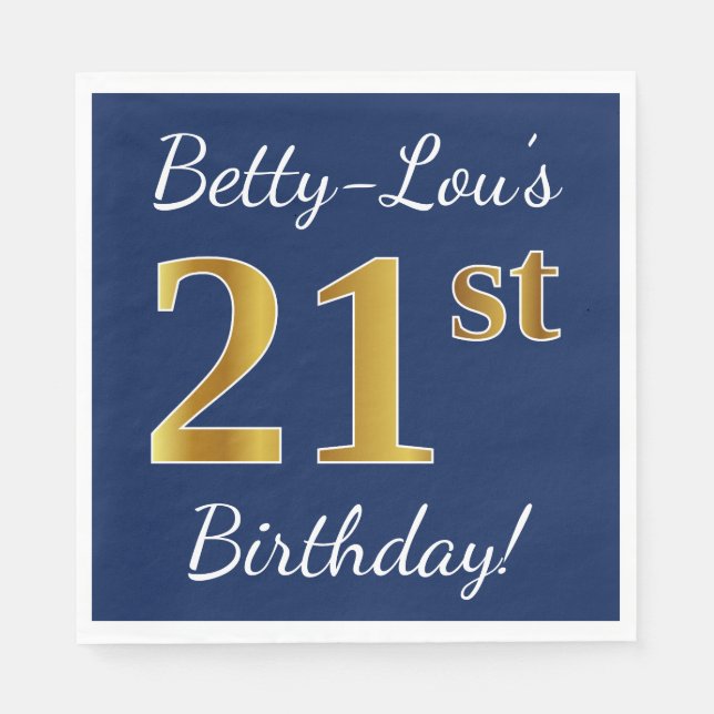 Serviette En Papier Blue, Faux Gold 21e anniversaire + Nom personnalis (Devant)