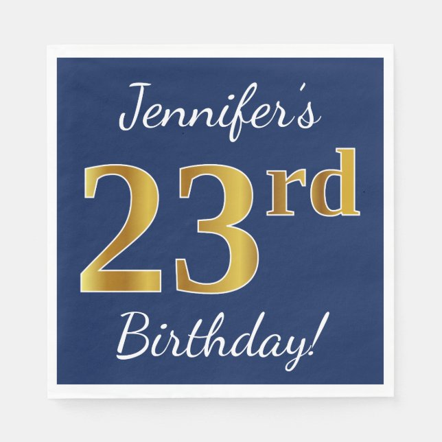 Serviette En Papier Blue, Faux Gold 23e anniversaire + Nom personnalis (Devant)