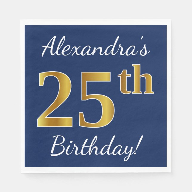 Serviette En Papier Blue, Faux Gold 25e anniversaire + Nom personnalis (Devant)