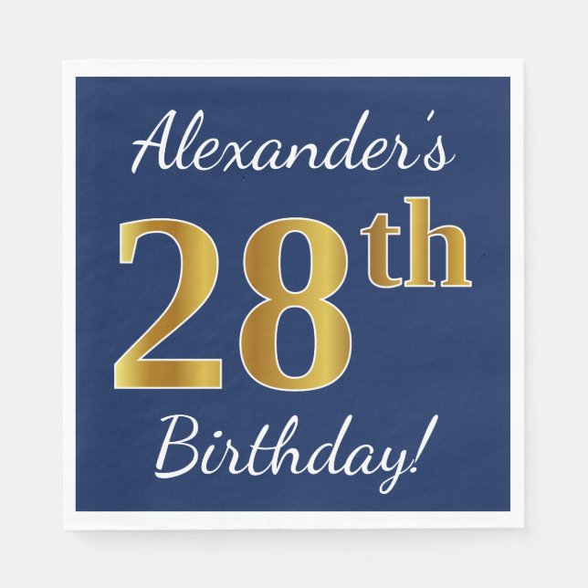 Serviette En Papier Blue, Faux Gold 28e anniversaire + Nom personnalis (Devant)