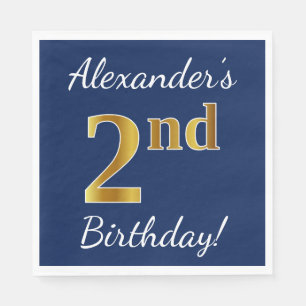 Serviette En Papier Blue, Faux Gold 2e anniversaire + Nom personnalisé