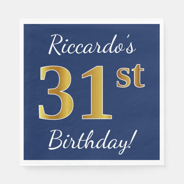 Serviette En Papier Blue, Faux Gold 31e anniversaire + Nom personnalis (Devant)
