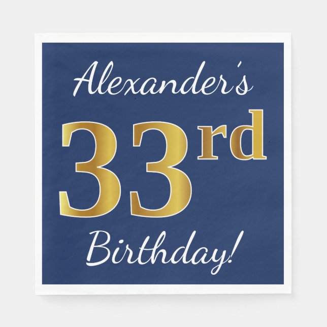 Serviette En Papier Blue, Faux Gold 33e anniversaire + Nom personnalis (Devant)