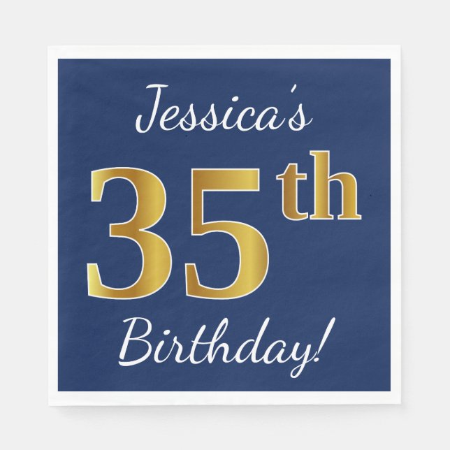 Serviette En Papier Blue, Faux Gold 35e anniversaire + Nom personnalis (Devant)