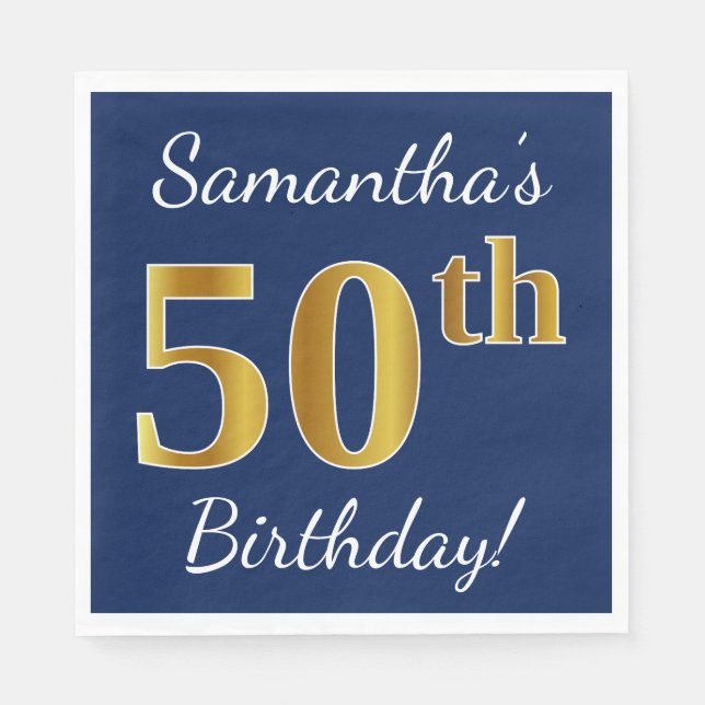 Serviette En Papier Blue, Faux Gold 50e anniversaire + Nom personnalis (Devant)