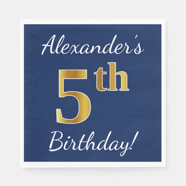 Serviette En Papier Blue, Faux Gold 5e anniversaire + Nom personnalisé (Devant)