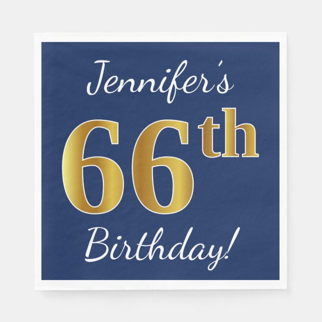 Serviette En Papier Blue, Faux Gold 66e anniversaire + Nom personnalis (Devant)